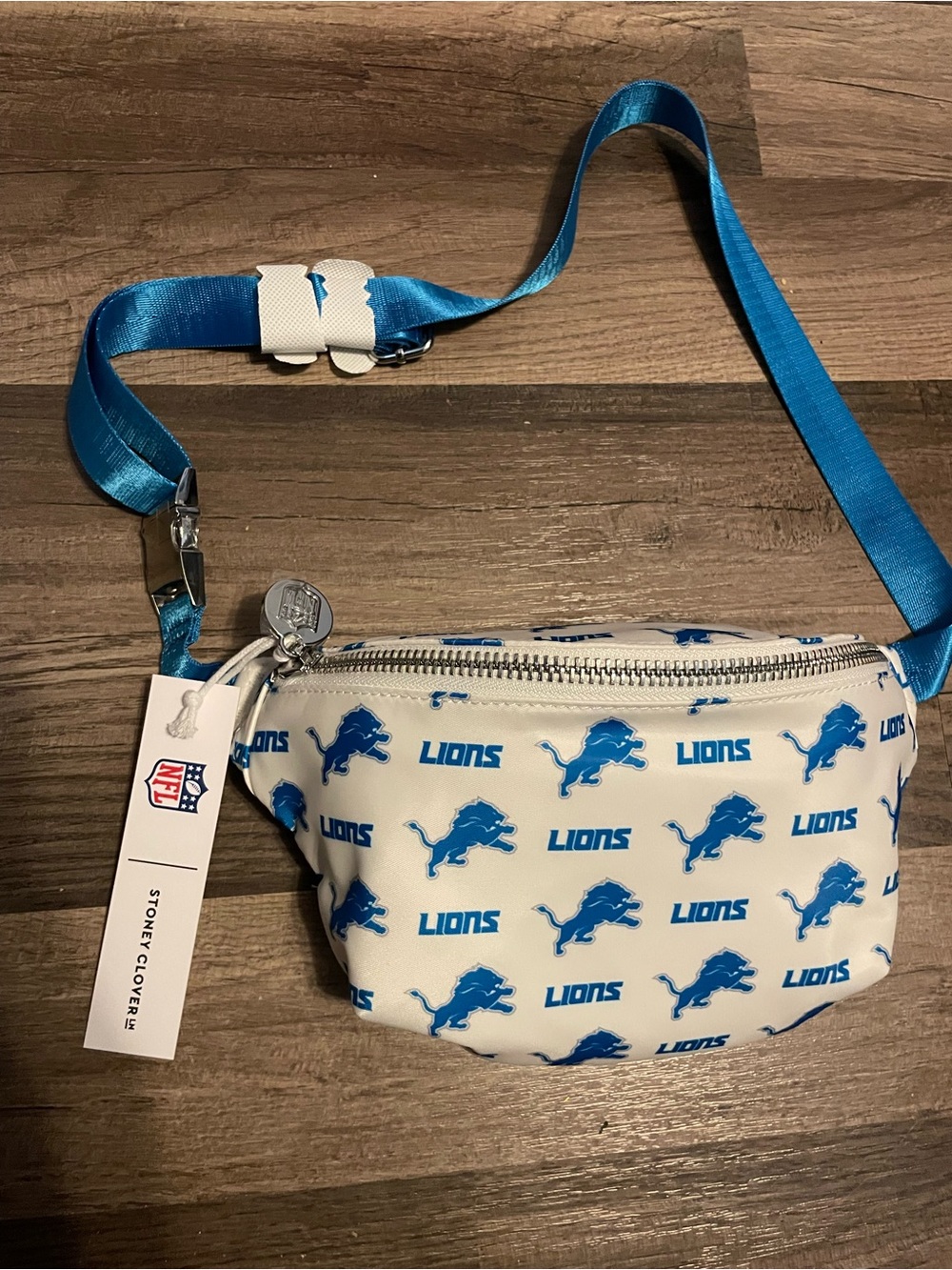 NWT Stoney Clover Lane x NFL White and Blue Detroit Lions Fanny Pack Belt Bag